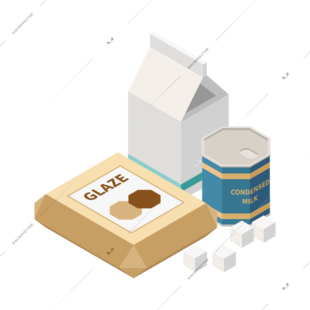 Raw materials for ice cream production isometric icon with glaze sugar condensed milk 3d vector illustration