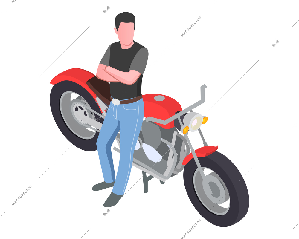 Male biker near his red chopper motorcycle 3d isometric vector illustration
