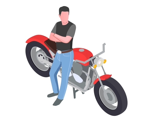 Male biker near his red chopper motorcycle 3d isometric vector illustration