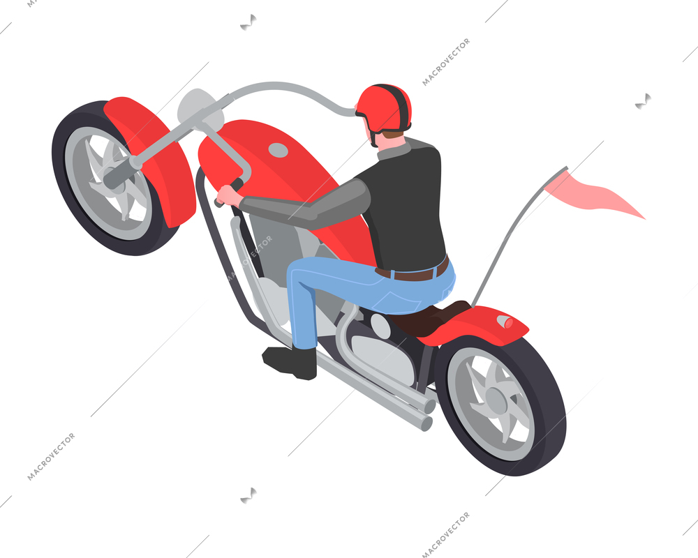 Isometric icon with biker in helmet riding red chopper motorcycle with flag vector illustration