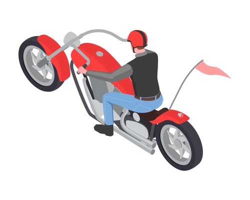 Isometric icon with biker in helmet riding red chopper motorcycle with flag vector illustration