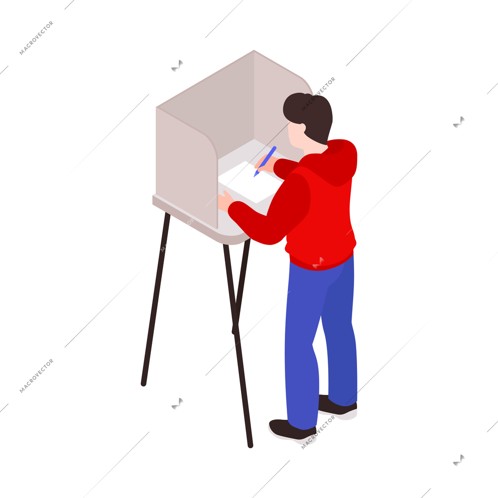 Isometric elections icon with man casting vote at polling station 3d vector illustration