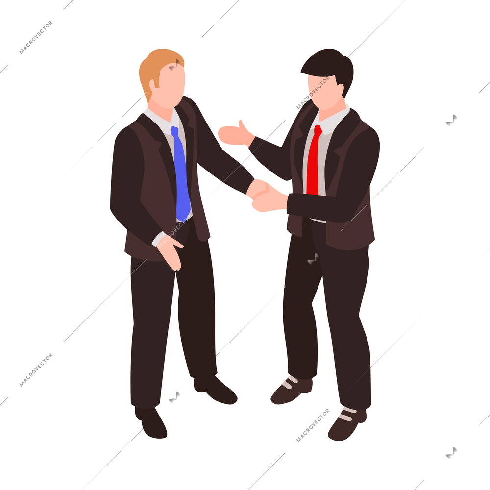Two communicating faceless characters of businessmen or politicians 3d isometric vector illustration