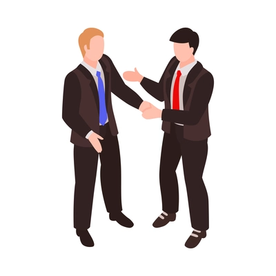 Two communicating faceless characters of businessmen or politicians 3d isometric vector illustration