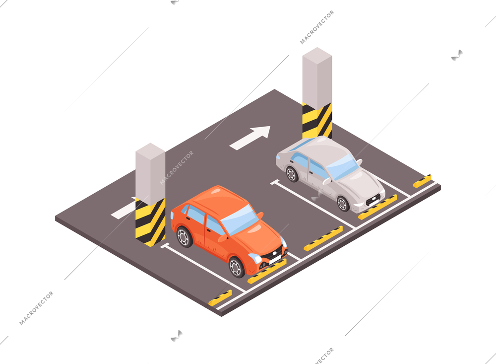 Isometric underground parking with two parked cars 3d vector illustration