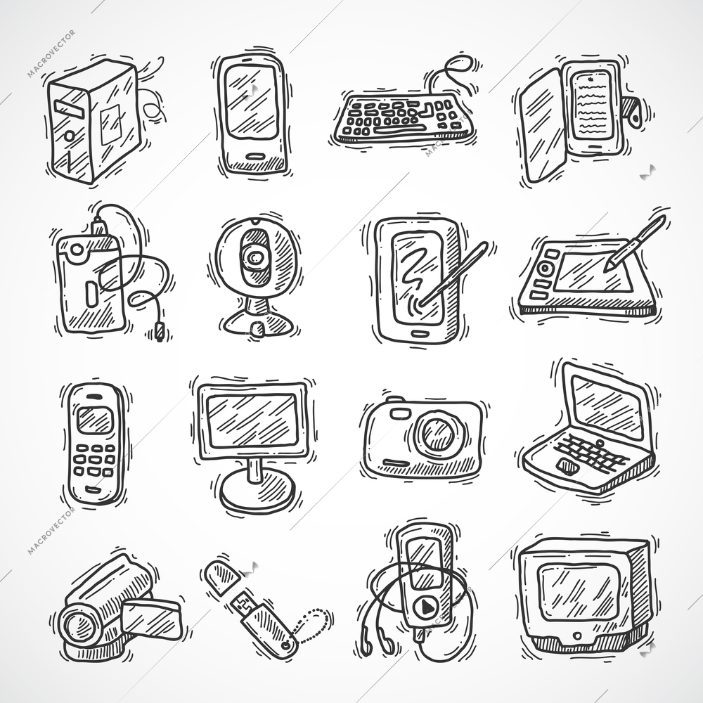 Digital devices sketch set with mobile phone tablet monitor video camera isolated vector illustration