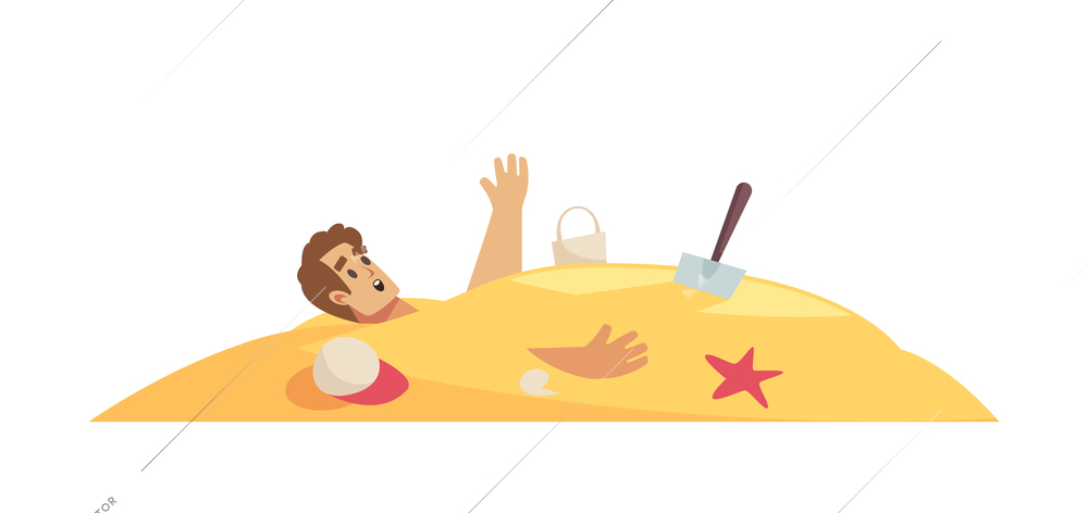 Man buried in sand on beach flat vector illustration