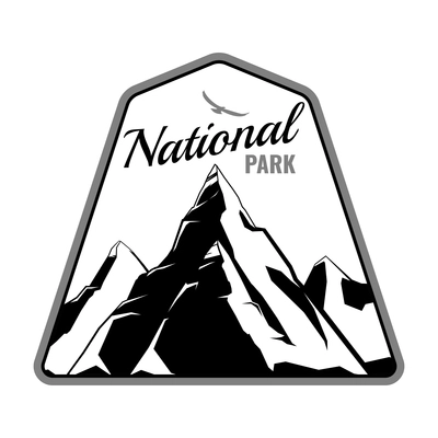 Monochrome emblem of national park in flat style with silhouettes of mountain peaks vector illustration