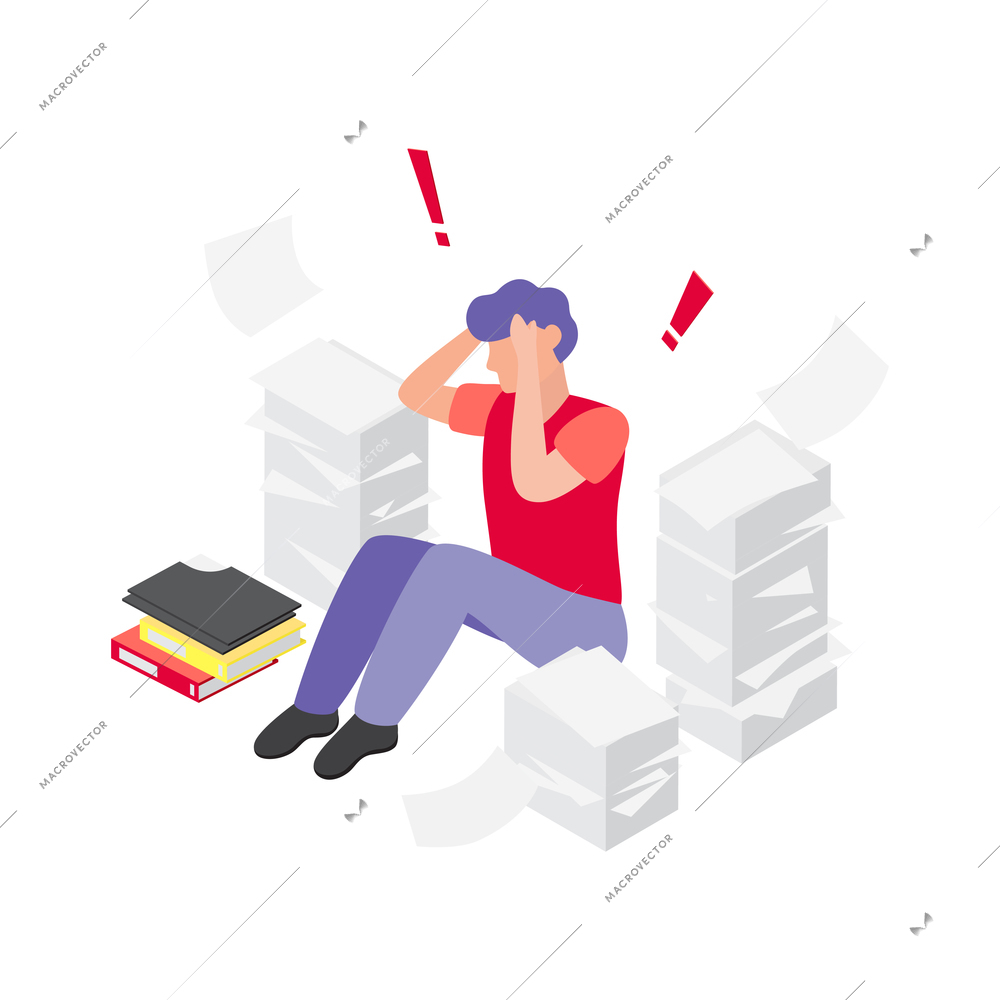 Deadline isometric icon with frustrated human character with loads of paperwork 3d vector illustration