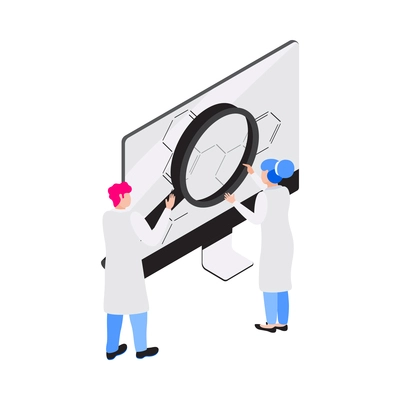 Chemistry science isometric icon with two characters of scientists holding magnifier 3d vector illustration