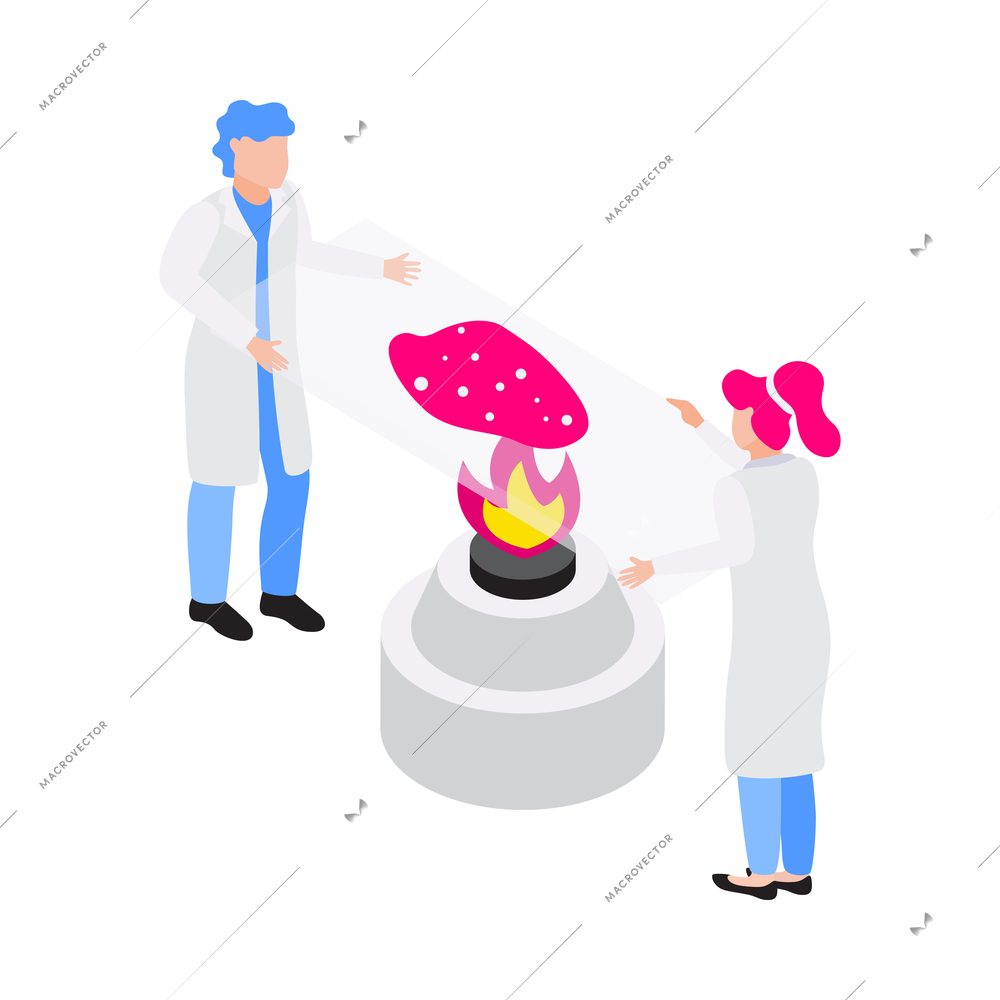 Chemistry isometric icon with two scientists performing experiment with spirit lamp 3d vector illustration