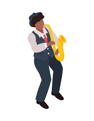 Street musician saxophone player on white background 3d isometric vector illustration