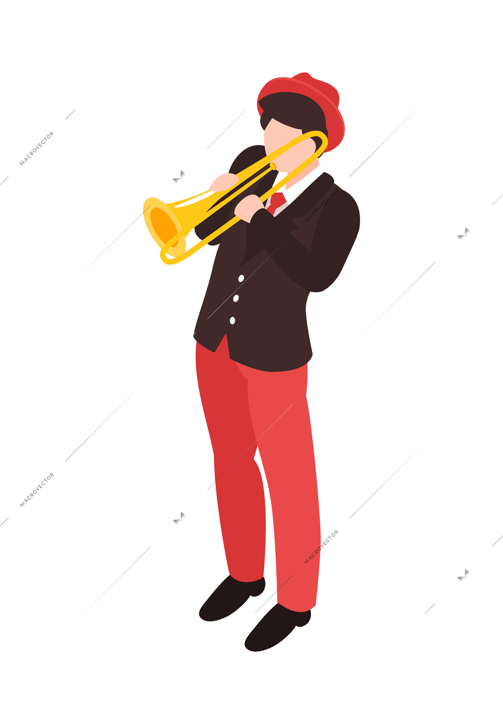 Male isometric character street musician playing trombone 3d vector illustration