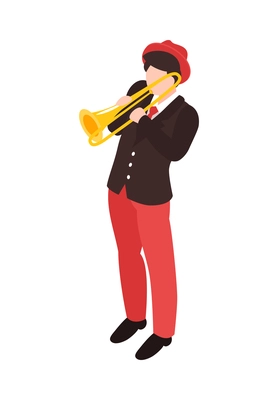 Male isometric character street musician playing trombone 3d vector illustration