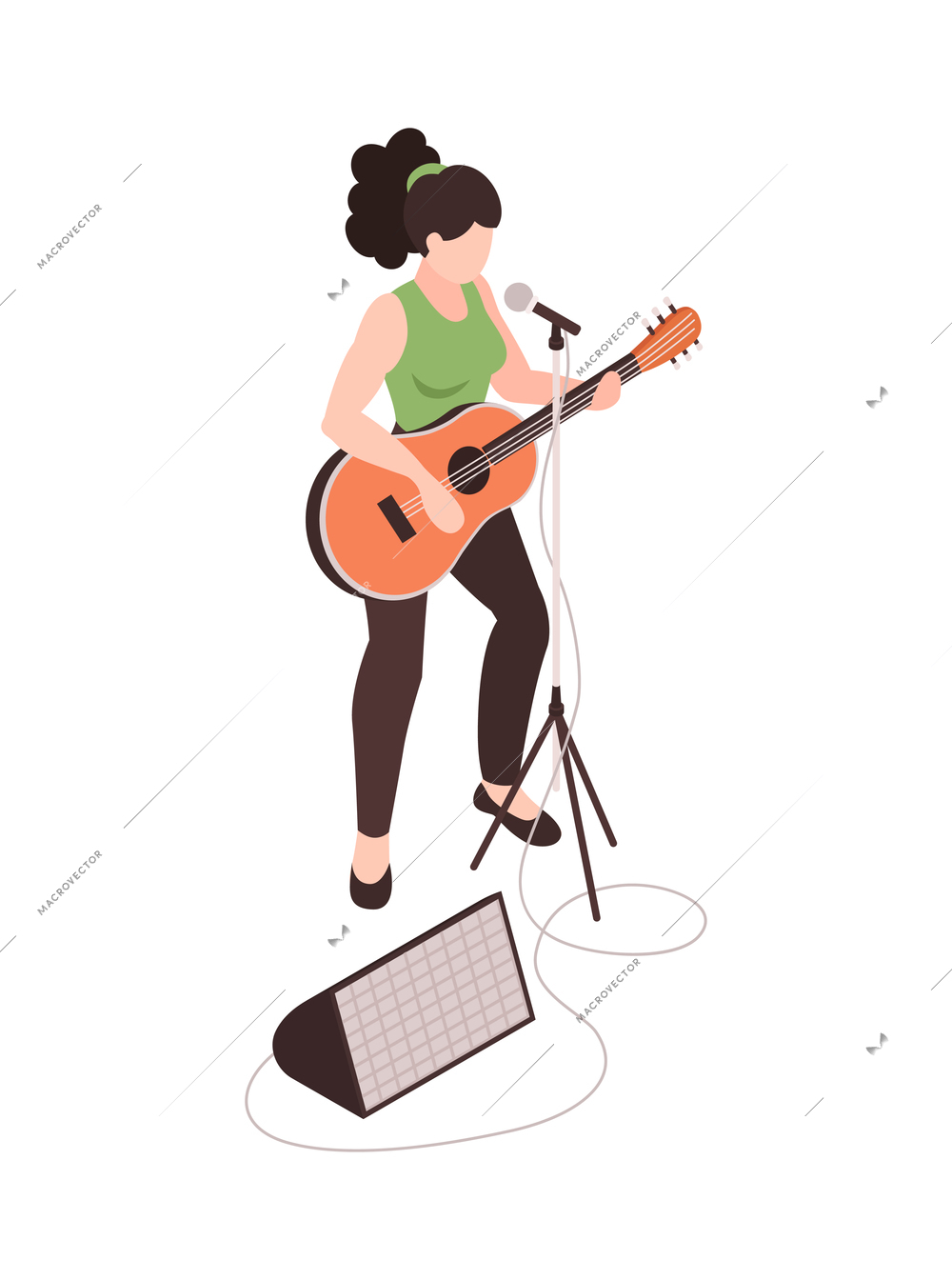 Isometric female street musician playing guitar and singing 3d vector illustration