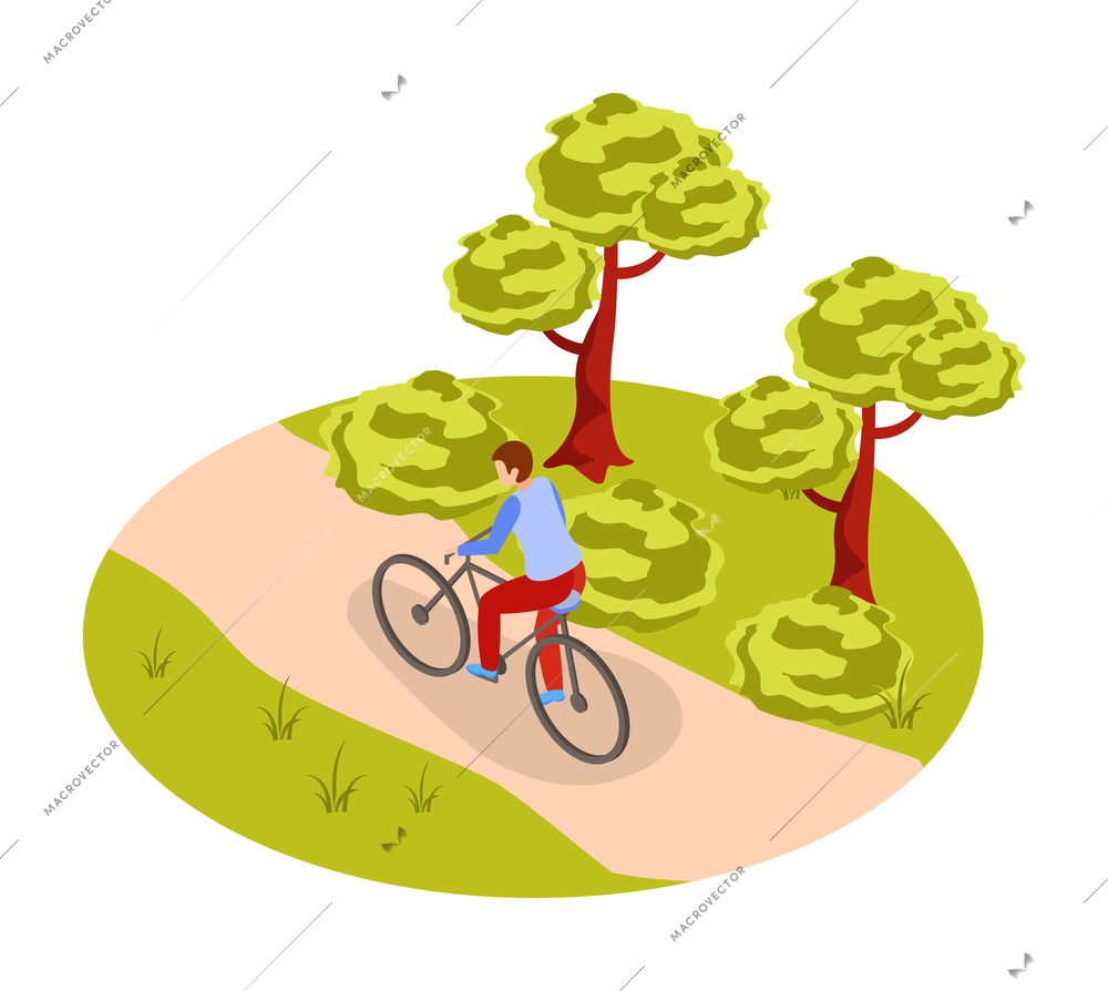 Isometric icon with man riding bike along city park 3d vector illustration