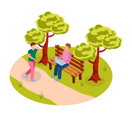 People talking on phone and working on laptop in green city park isometric icon 3d vector illustration