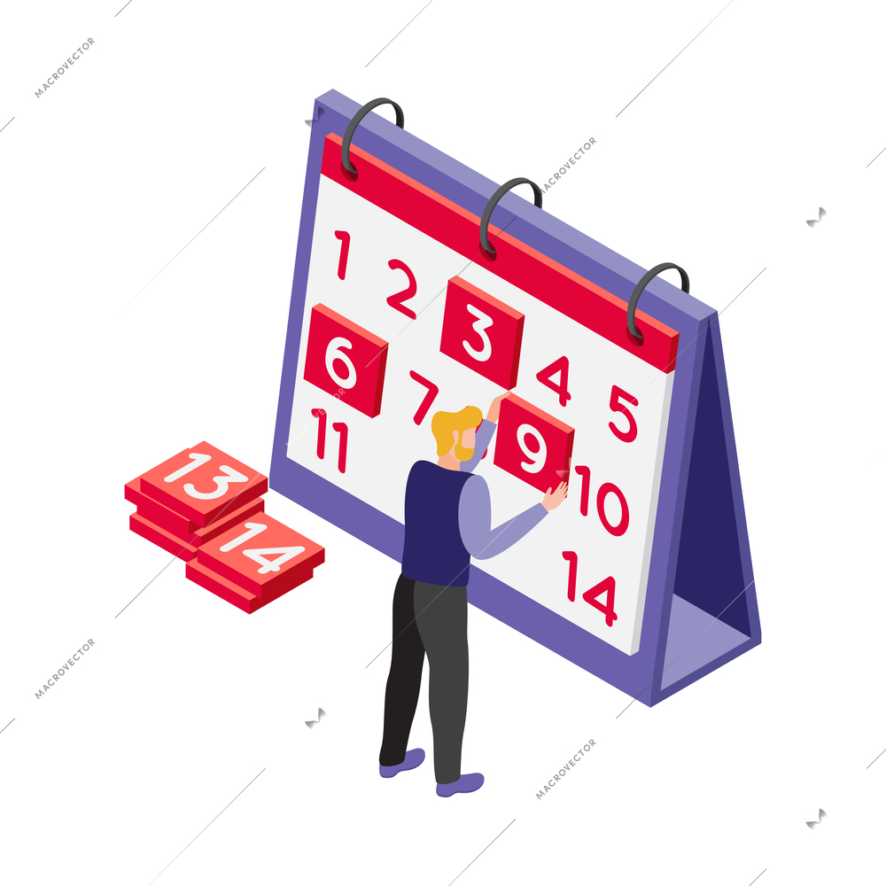 Deadline isometric icon with human character marking days on calendar 3d vector illustration