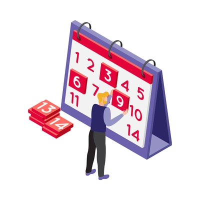 Deadline isometric icon with human character marking days on calendar 3d vector illustration