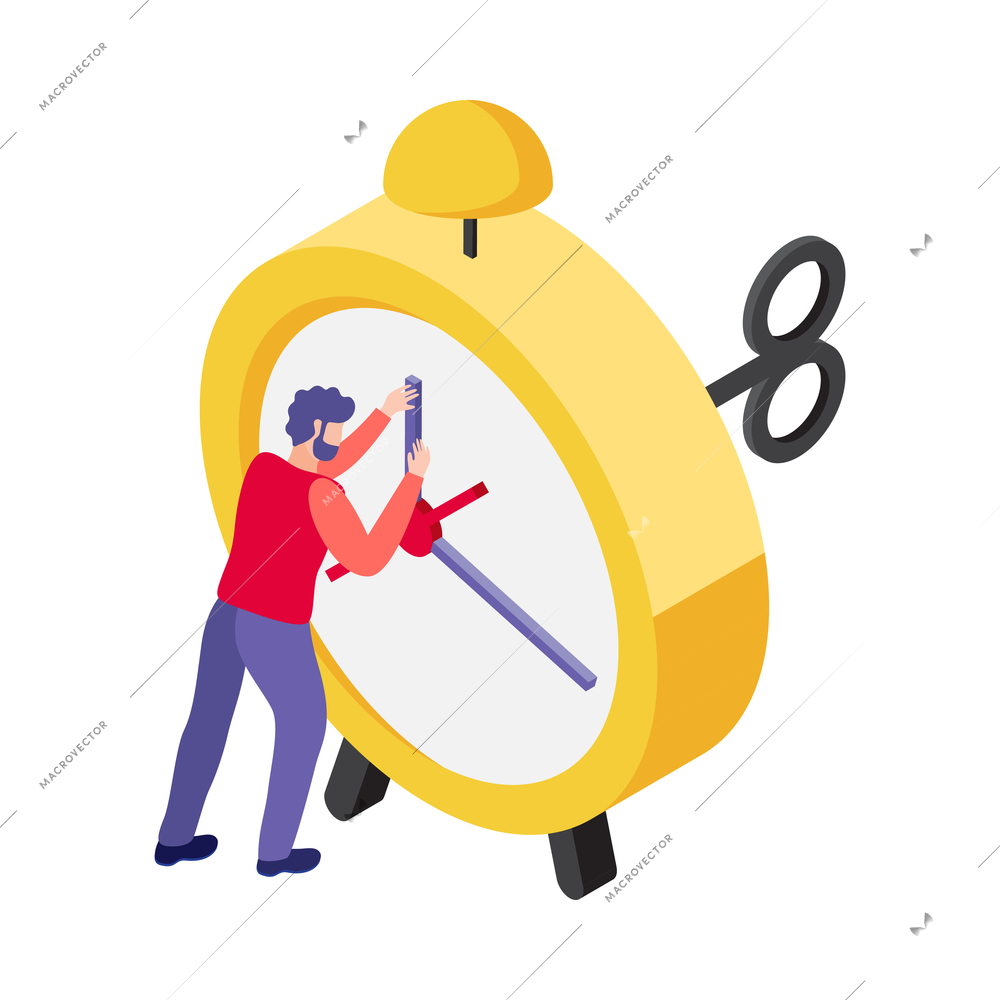 Isometric 3d concept with man trying to stop time before deadline vector illustration