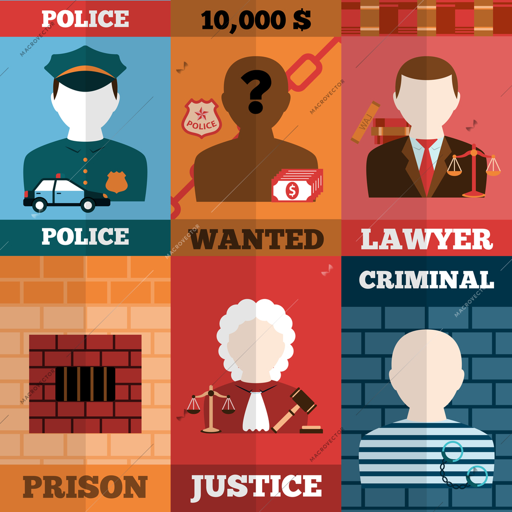 Crime and punishment mini poster set with police lawyer prison justice criminal isolated vector illustration