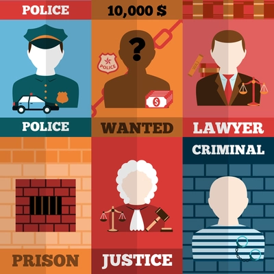 Crime and punishment mini poster set with police lawyer prison justice criminal isolated vector illustration