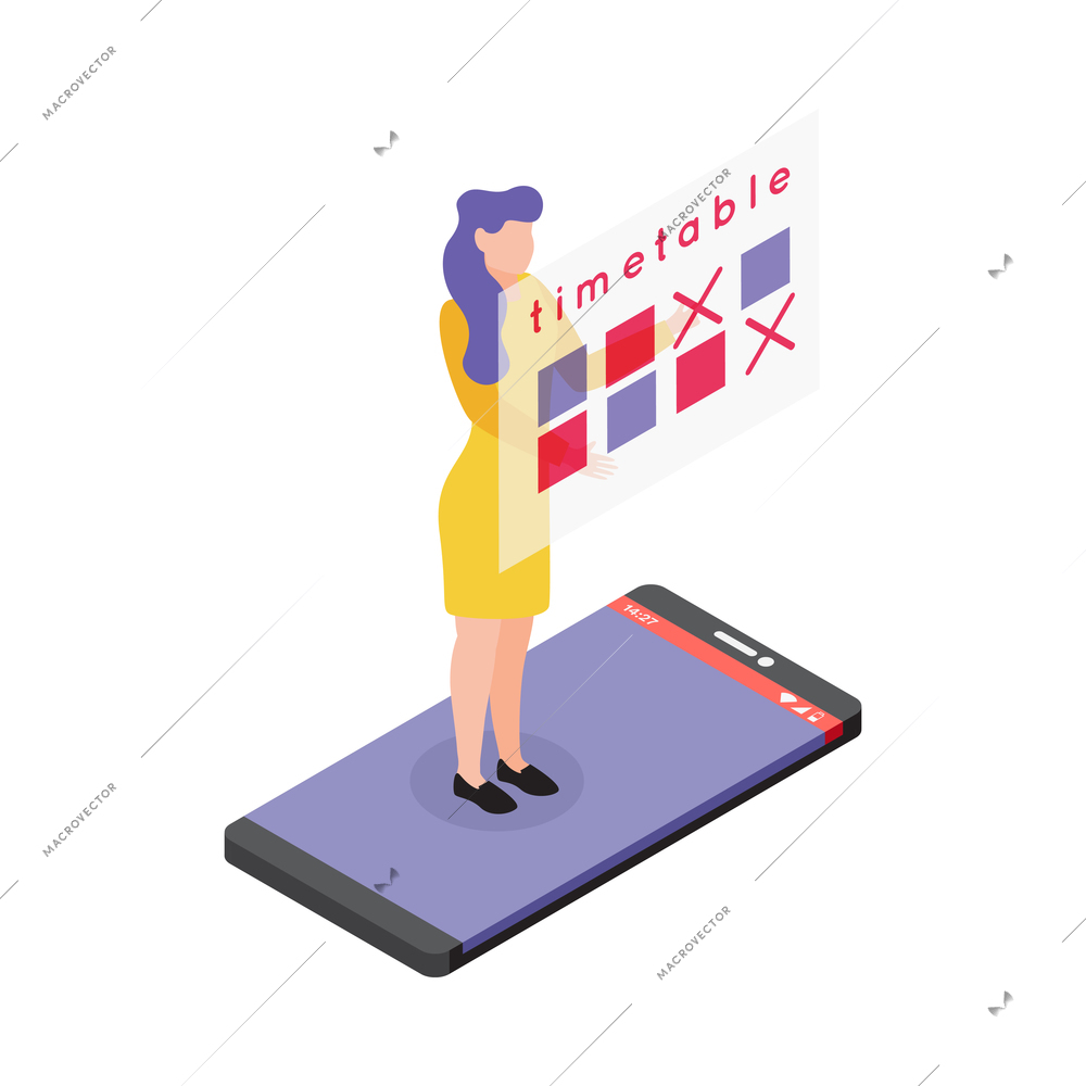 Time management timetable isometric icon with female character using smartphone app 3d vector illustration