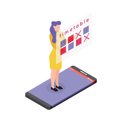 Time management timetable isometric icon with female character using smartphone app 3d vector illustration