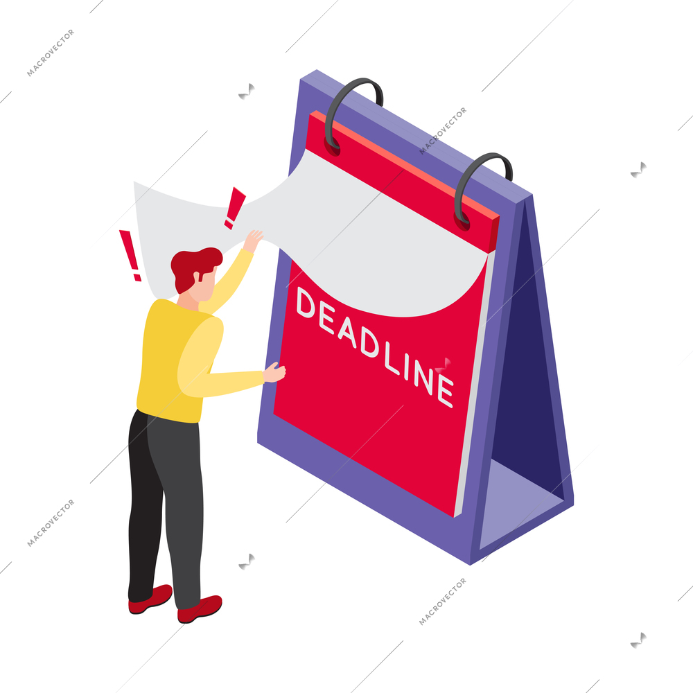 Human character in panic looking at coming deadline in calendar isometric icon 3d vector illustration