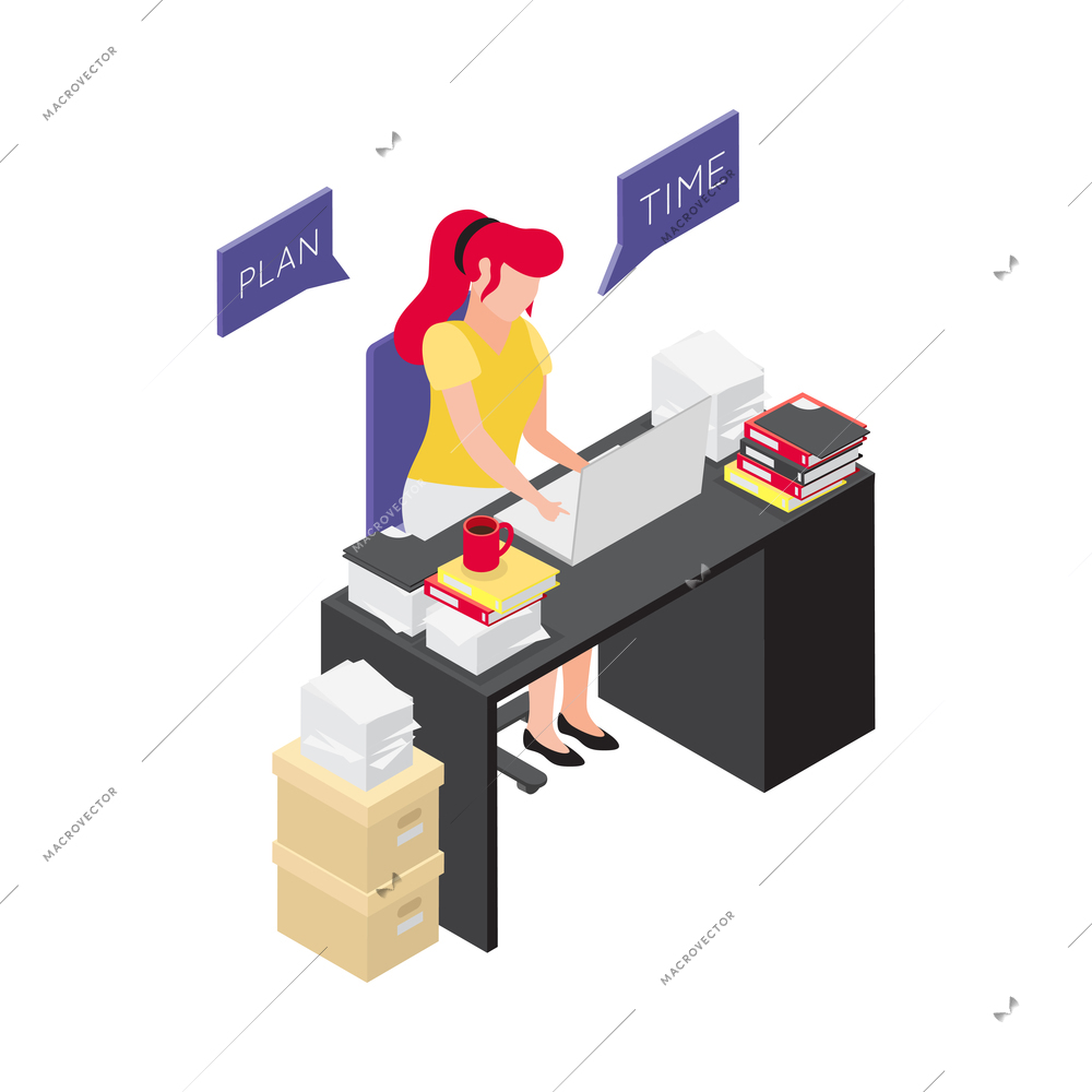 Time management planning paperwork isometric icon with office worker at her desk 3d vector illustration