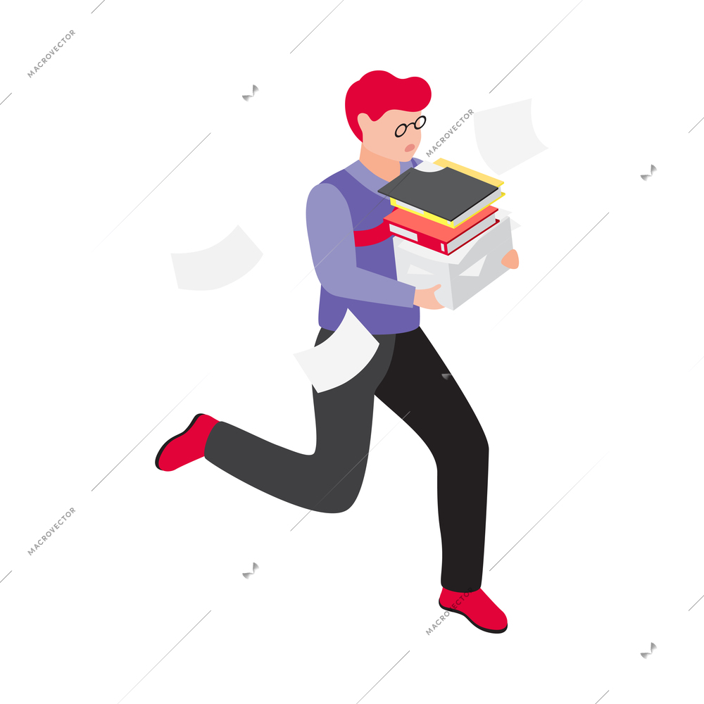 Isometric paperwork deadline icon with running character 3d vector illustration