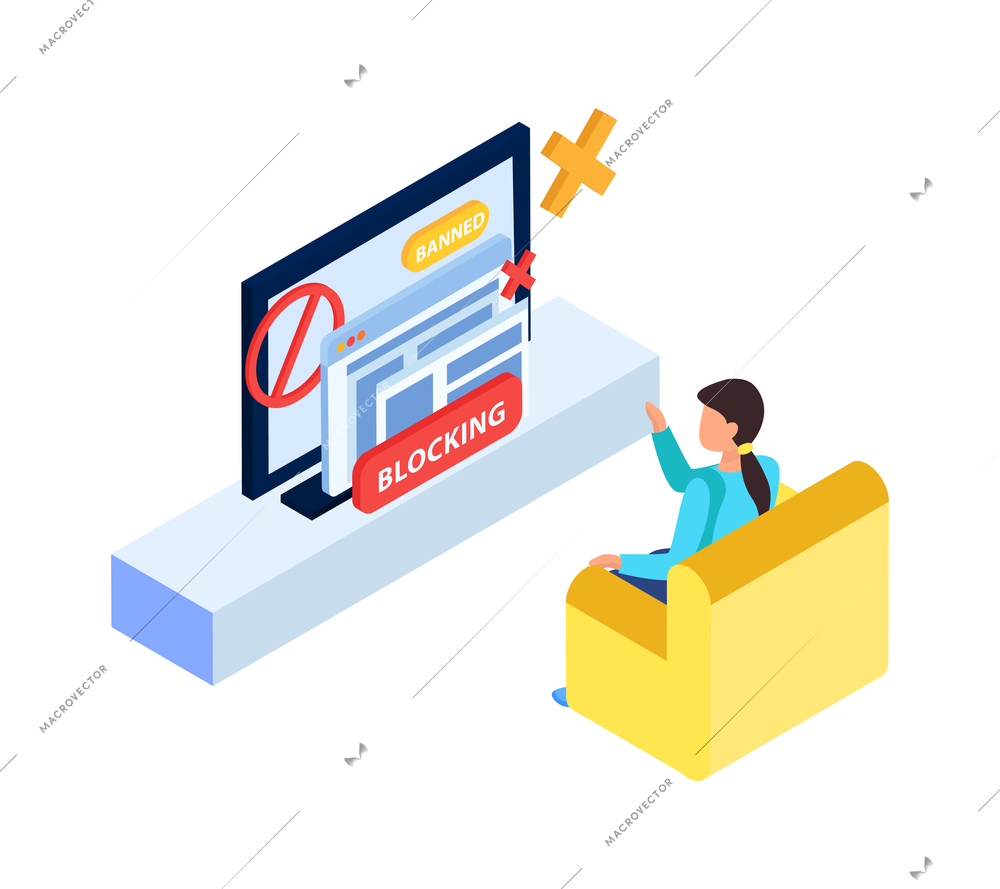 Blocking internet sites icon with banned user and lock symbols 3d isometric vector illustration