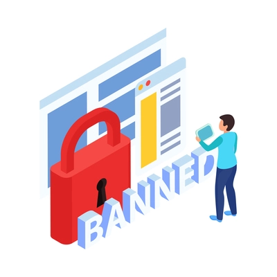 Isometric blocking internet sites icon with banned user webpages and 3d image of lock vector illustration