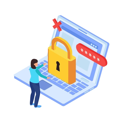 Blocking internet sites icon with 3d lock on laptop and human character isometric vector illustration