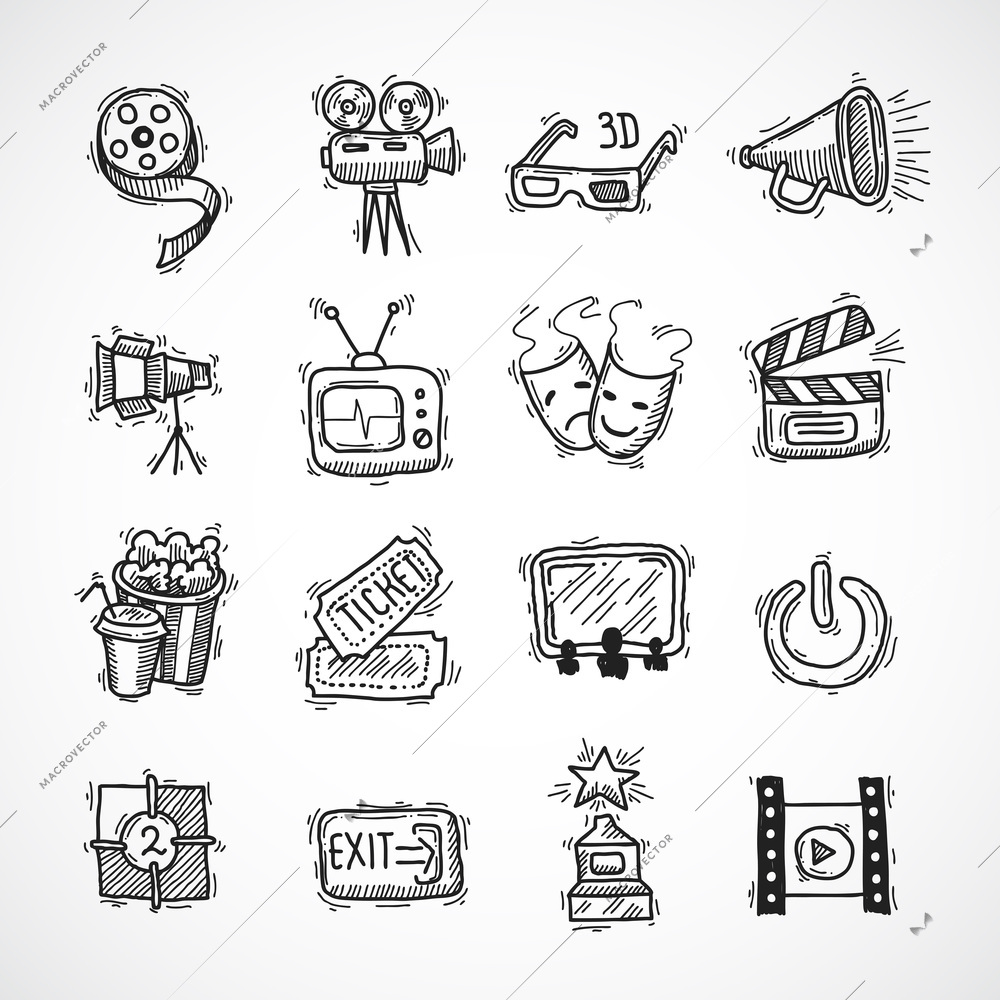 Cinema icons hand drawn set with film strip clapperboard ticket isolated vector illustration