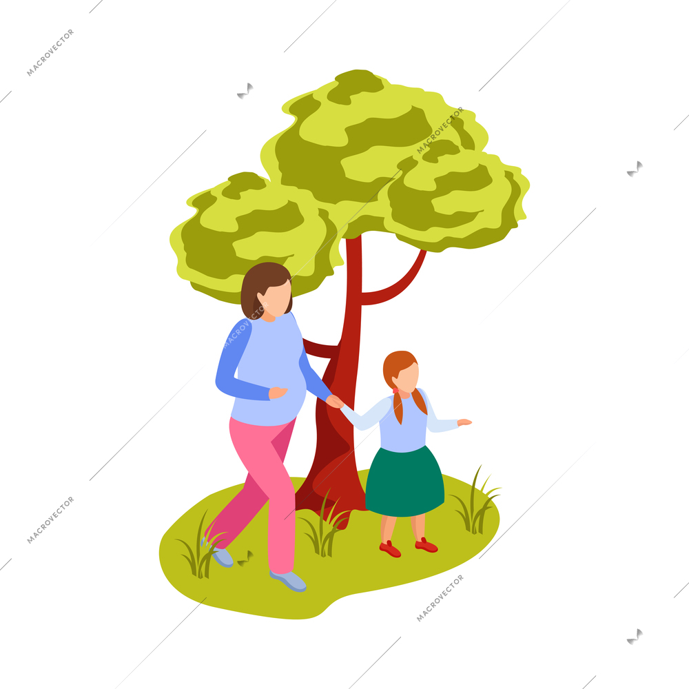 Pregnant woman and girl walking together in green city park 3d isometric vector illustration