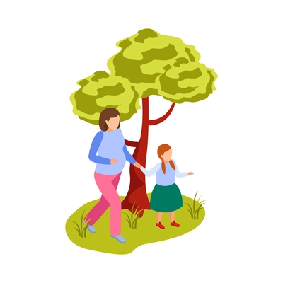 Pregnant woman and girl walking together in green city park 3d isometric vector illustration