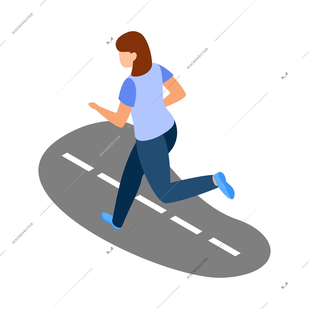 City people isometric icon with active woman jogging along road 3d vector illustration