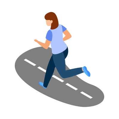 City people isometric icon with active woman jogging along road 3d vector illustration