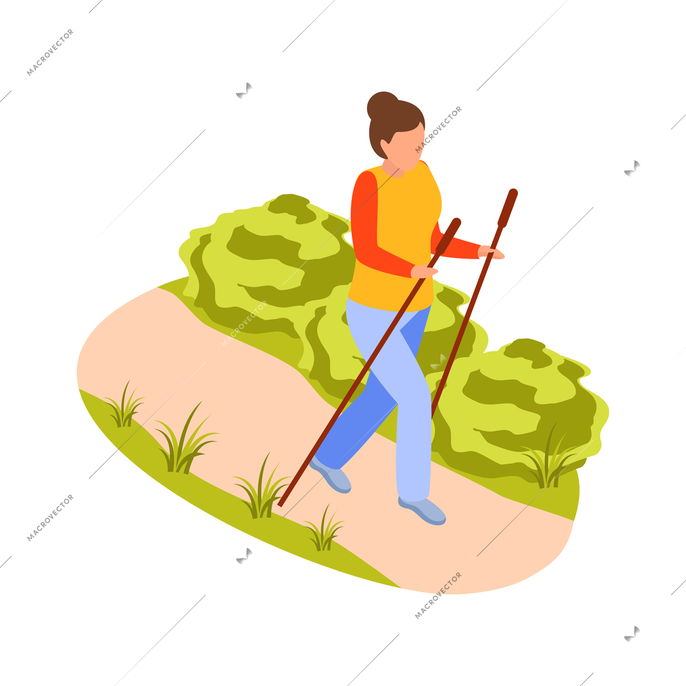 Woman doing pole walking along city park 3d isometric vector illustration