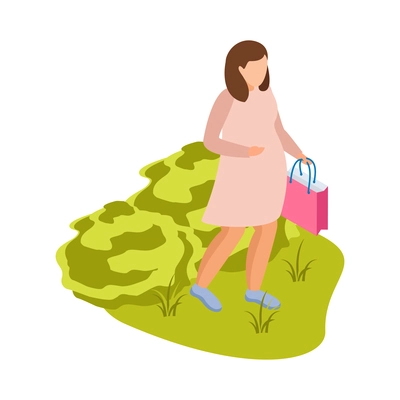 Woman with shopping bag walking along green city park 3d isometric vector illustration