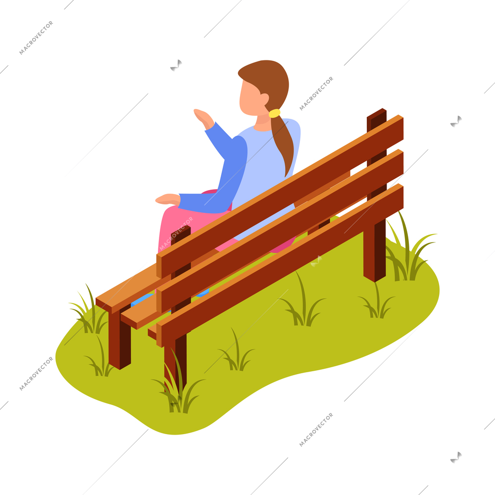 Isometric icon with girl sitting on wooden bench in city park in summer 3d vector illustration