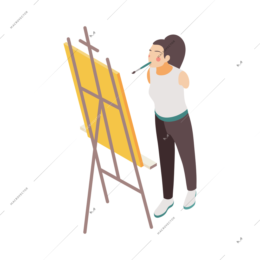 Disabled woman without arms painting with brush in her mouth 3d isometric vector illustration