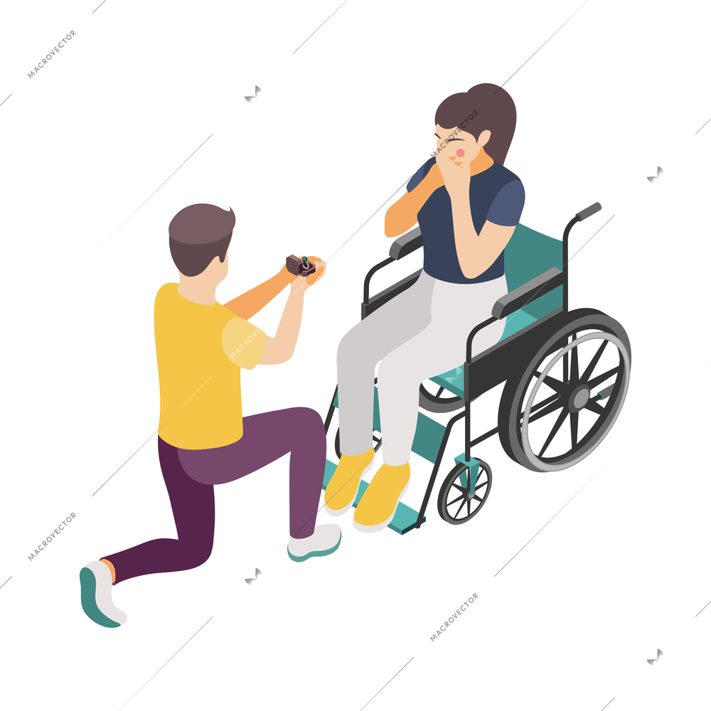 Man proposing to disabled young woman in wheelchair 3d isometric vector illustration