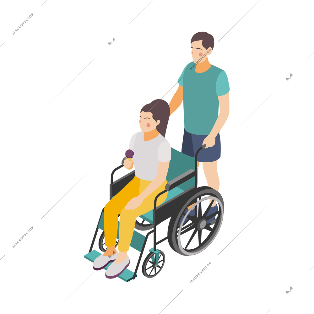 Man helping disabled woman in wheelchair walk together 3d isometric vector illustration