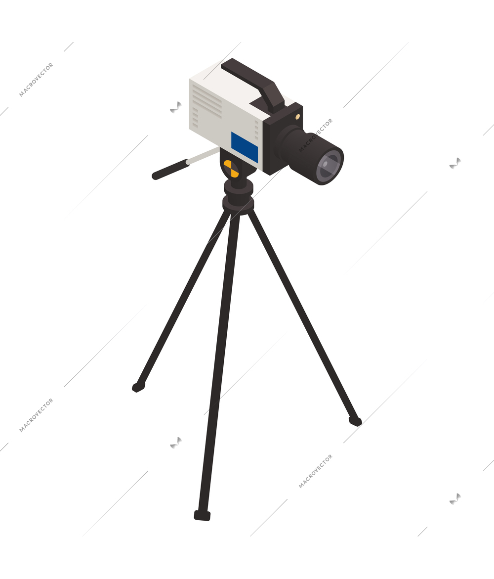 Isometric camera with car crash test sign on tripod 3d icon vector illustration