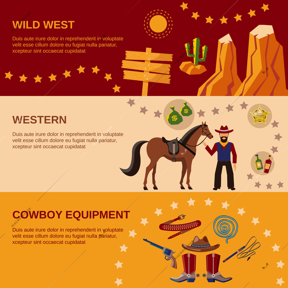 Wild west cowboy equipment western flat banner set isolated vector illustration