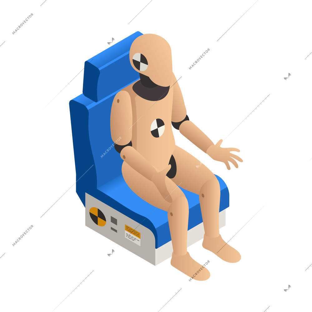 Isometric icon with dummy for car crash test 3d vector illustration
