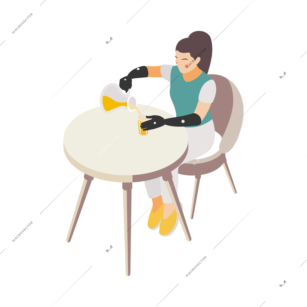 Disabled woman with artificial arms pouring juice 3d isometric vector illustration