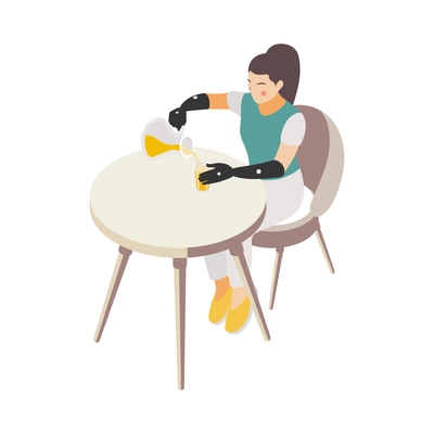 Disabled woman with artificial arms pouring juice 3d isometric vector illustration